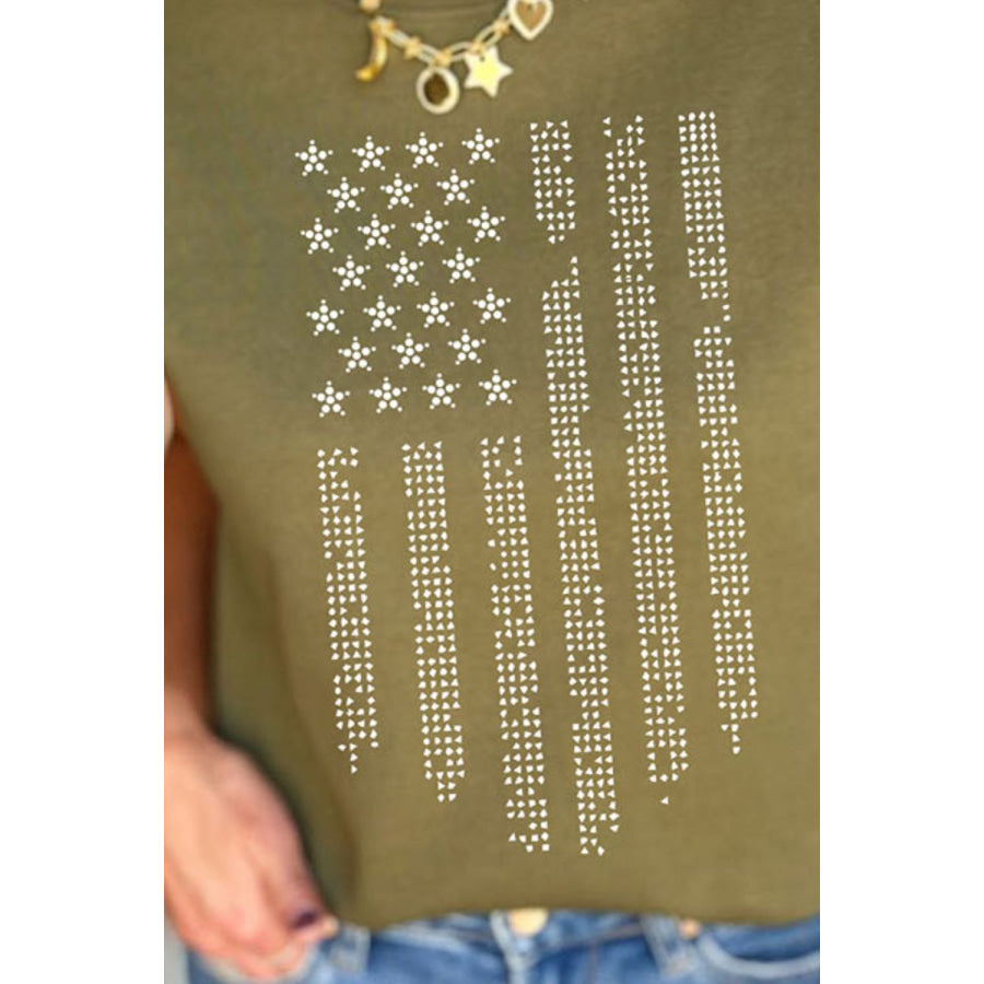 Rhinestone US Flag Round Neck Cap Sleeve T - Shirt Apparel and Accessories