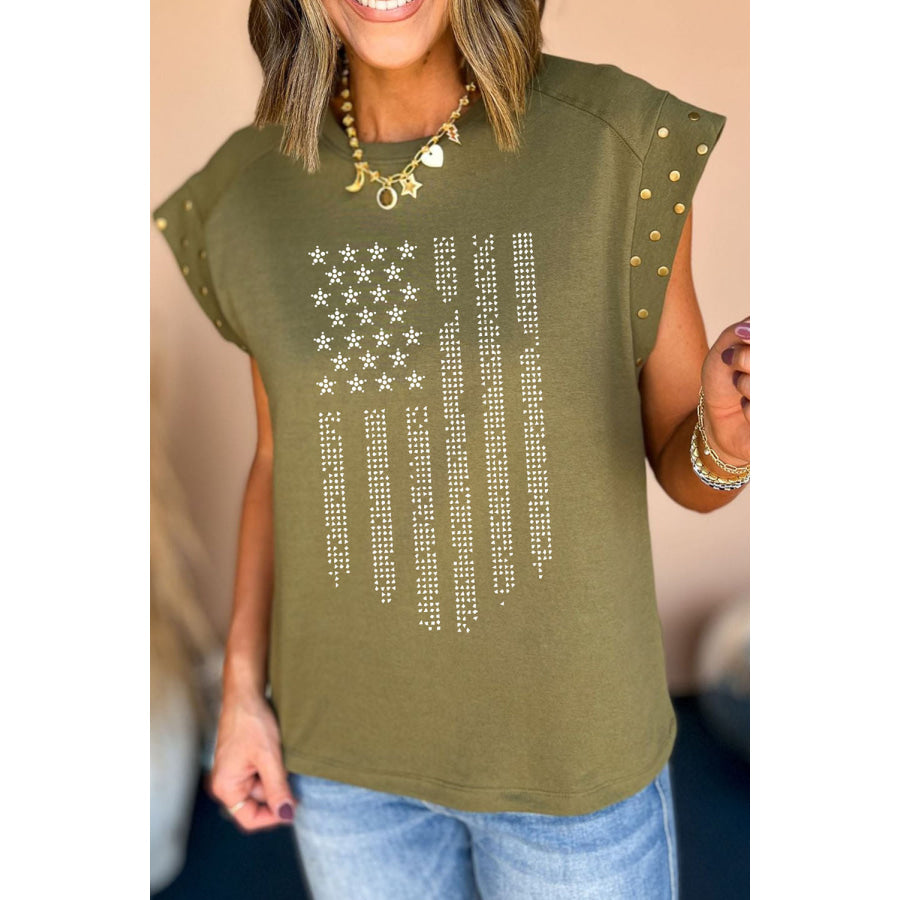 Rhinestone US Flag Round Neck Cap Sleeve T - Shirt Moss / S Apparel and Accessories