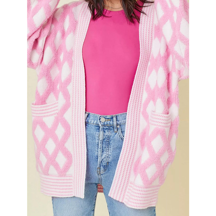 Rhombus Pattern Knit Open Front Pocketed Cardigans Apparel and Accessories