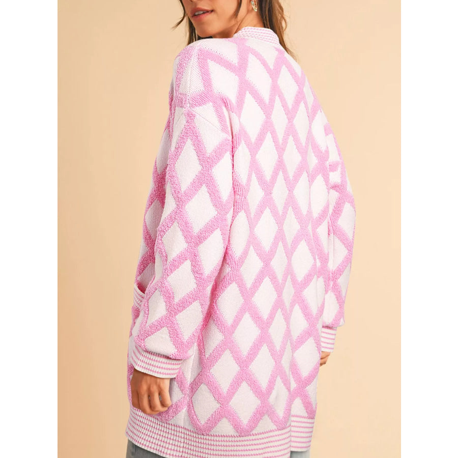 Rhombus Pattern Knit Open Front Pocketed Cardigans Blush Pink / S Apparel and Accessories
