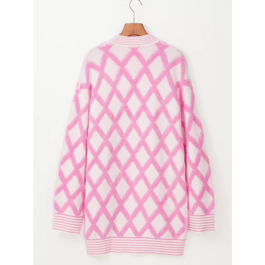 Rhombus Pattern Knit Open Front Pocketed Cardigans Apparel and Accessories