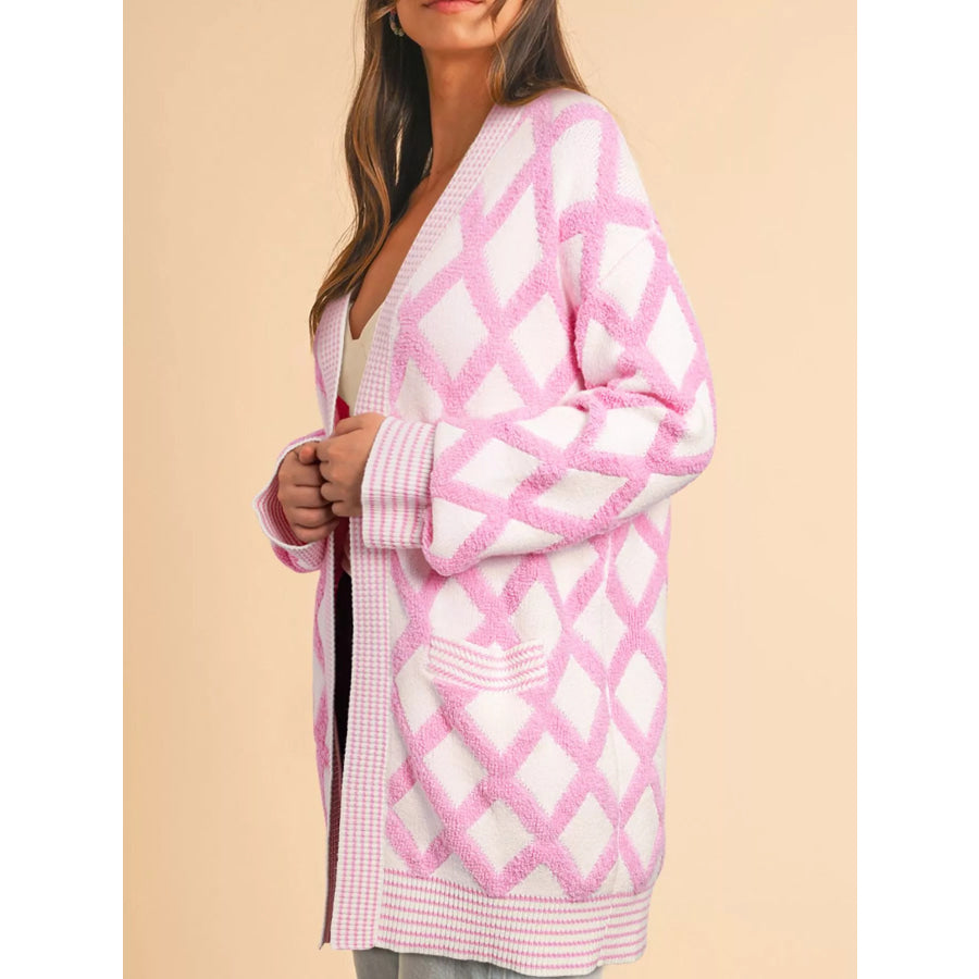 Rhombus Pattern Knit Open Front Pocketed Cardigans Apparel and Accessories