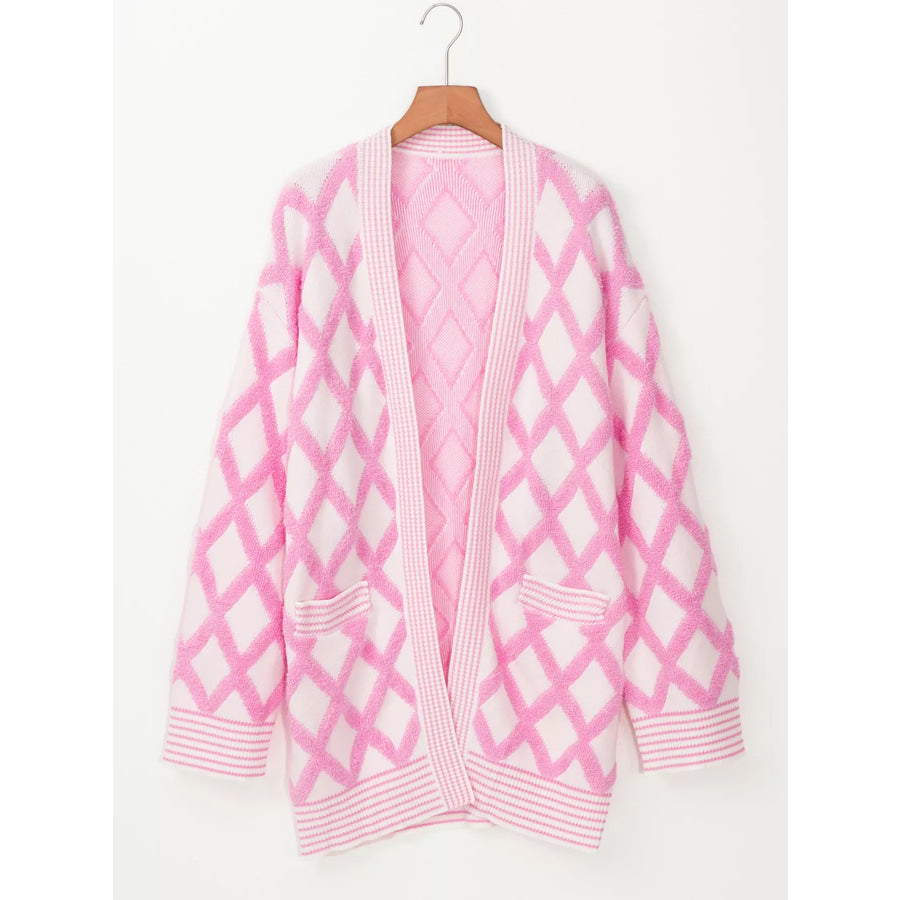 Rhombus Pattern Knit Open Front Pocketed Cardigans Apparel and Accessories