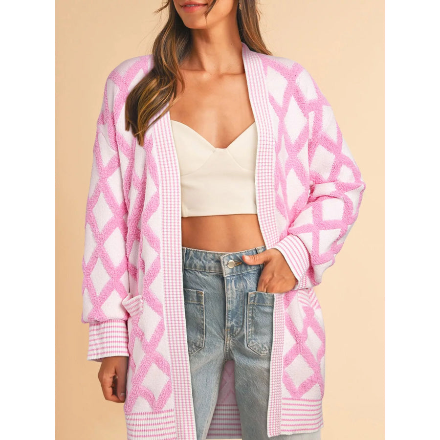 Rhombus Pattern Knit Open Front Pocketed Cardigans Blush Pink / S Apparel and Accessories