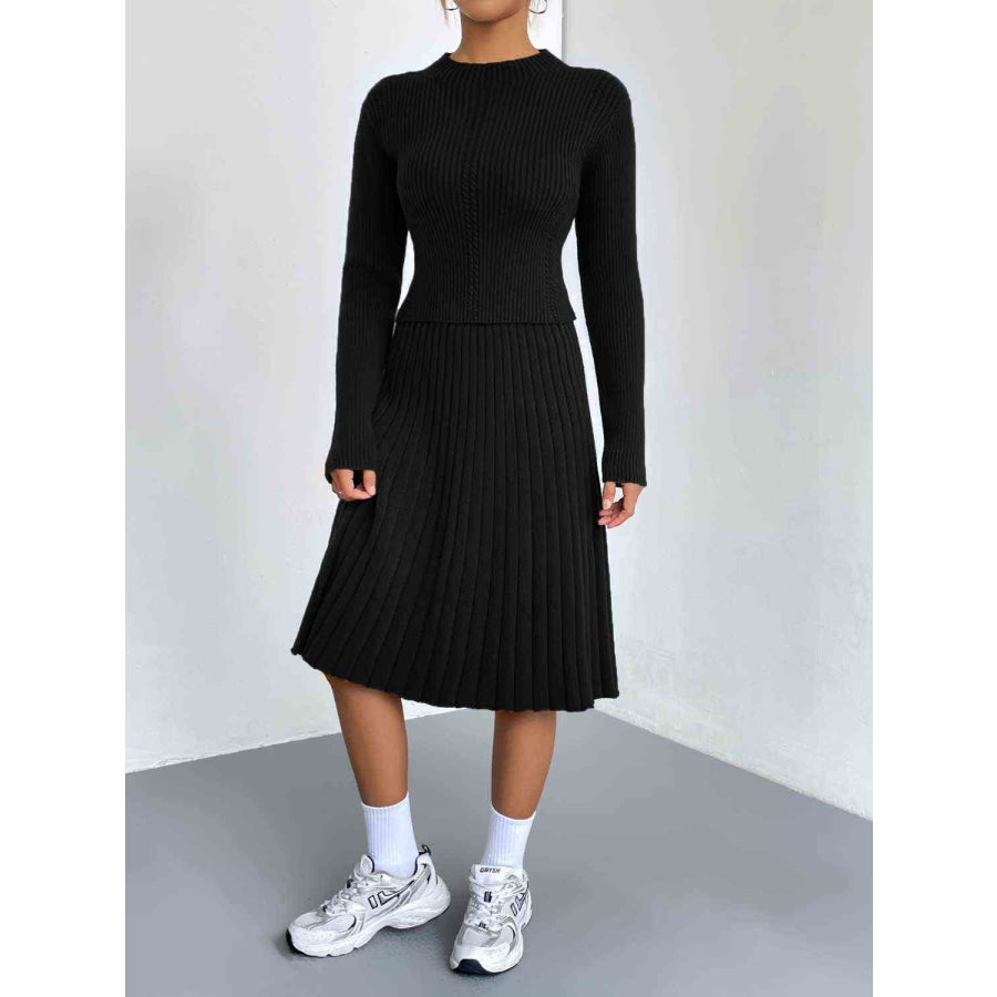 Rib-Knit Sweater and Skirt Set Black / S