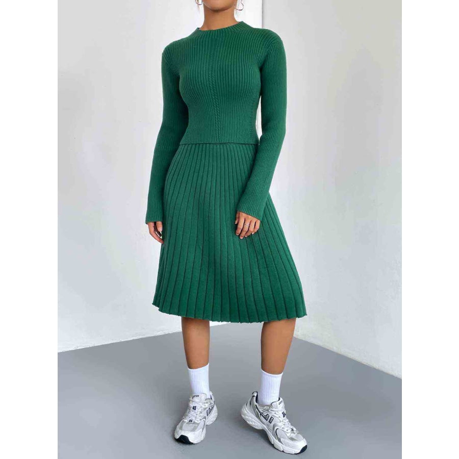 Rib-Knit Sweater and Skirt Set Green / S