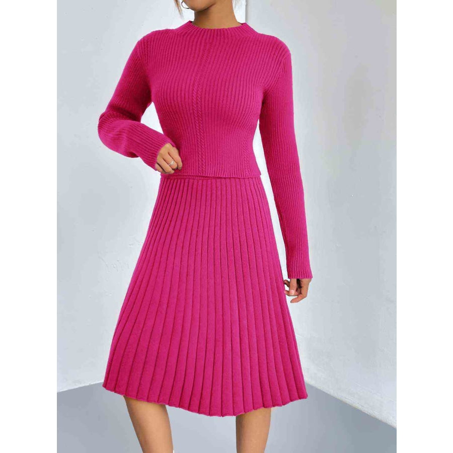 Rib-Knit Sweater and Skirt Set Hot Pink / S