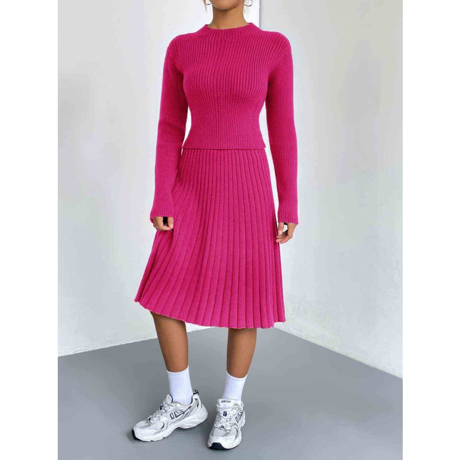 Rib-Knit Sweater and Skirt Set Hot Pink / S