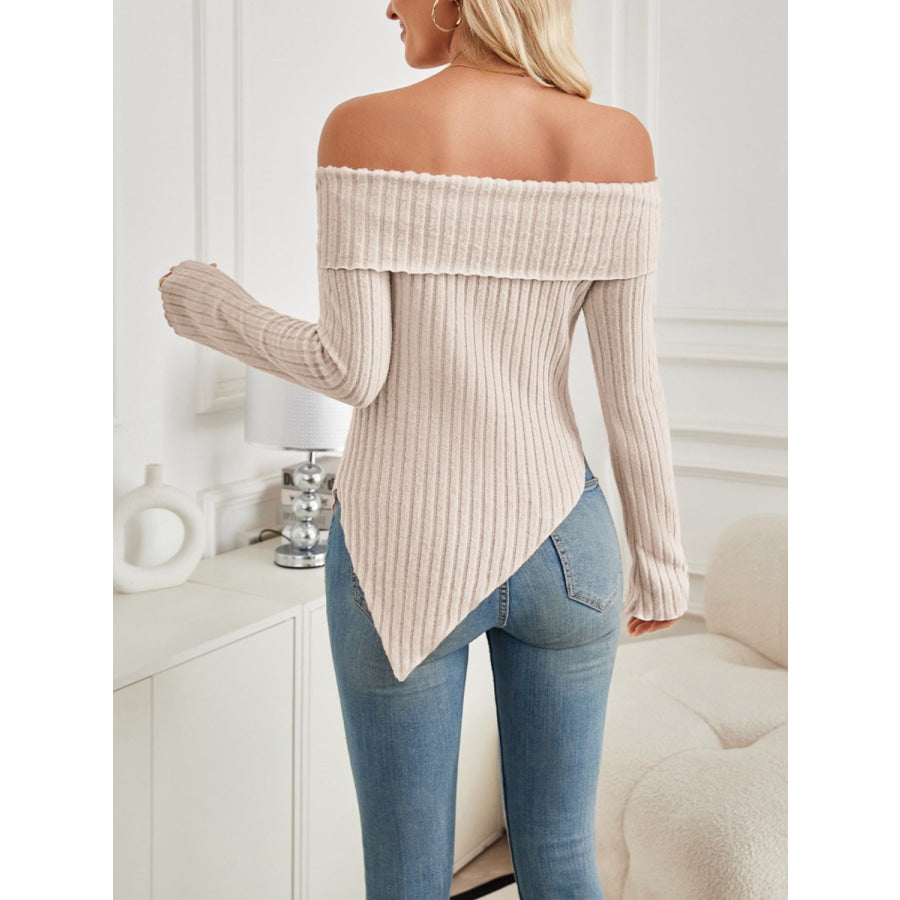 Ribbed Asymmetrical Hem Off-Shoulder Long Sleeve T-Shirt Apparel and Accessories