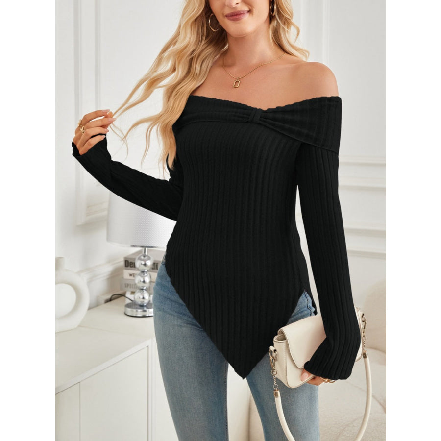 Ribbed Asymmetrical Hem Off-Shoulder Long Sleeve T-Shirt Apparel and Accessories