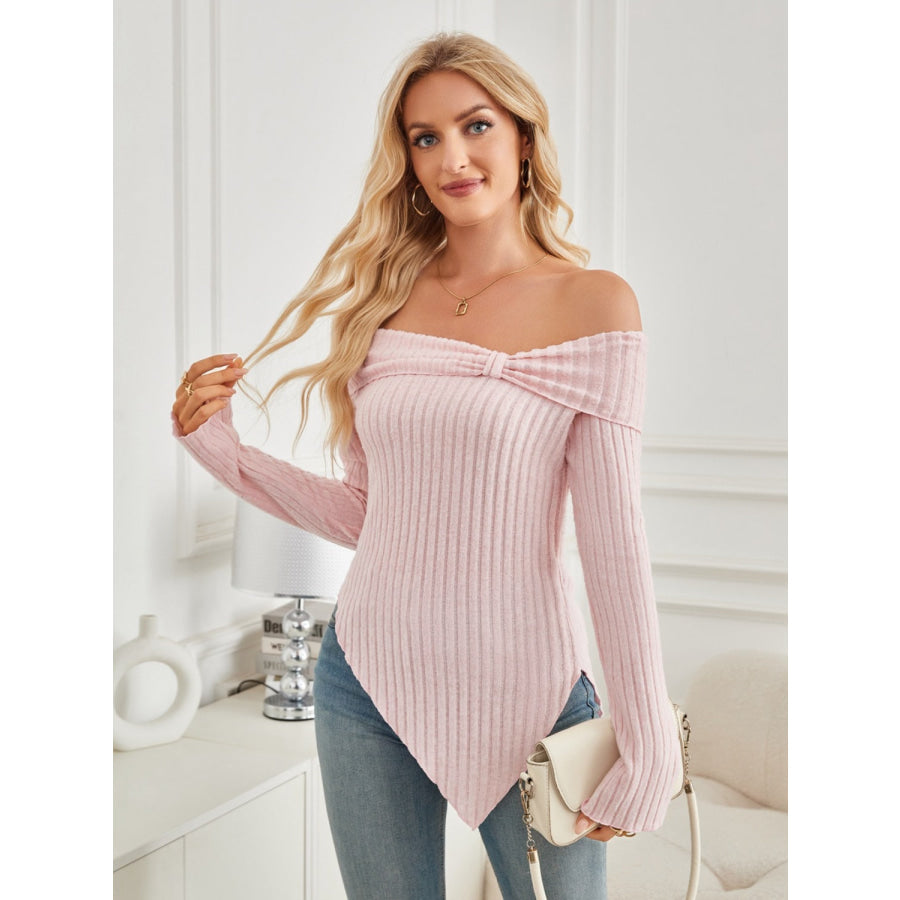 Ribbed Asymmetrical Hem Off-Shoulder Long Sleeve T-Shirt Apparel and Accessories