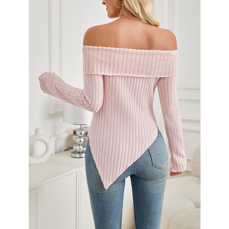 Ribbed Asymmetrical Hem Off-Shoulder Long Sleeve T-Shirt Apparel and Accessories