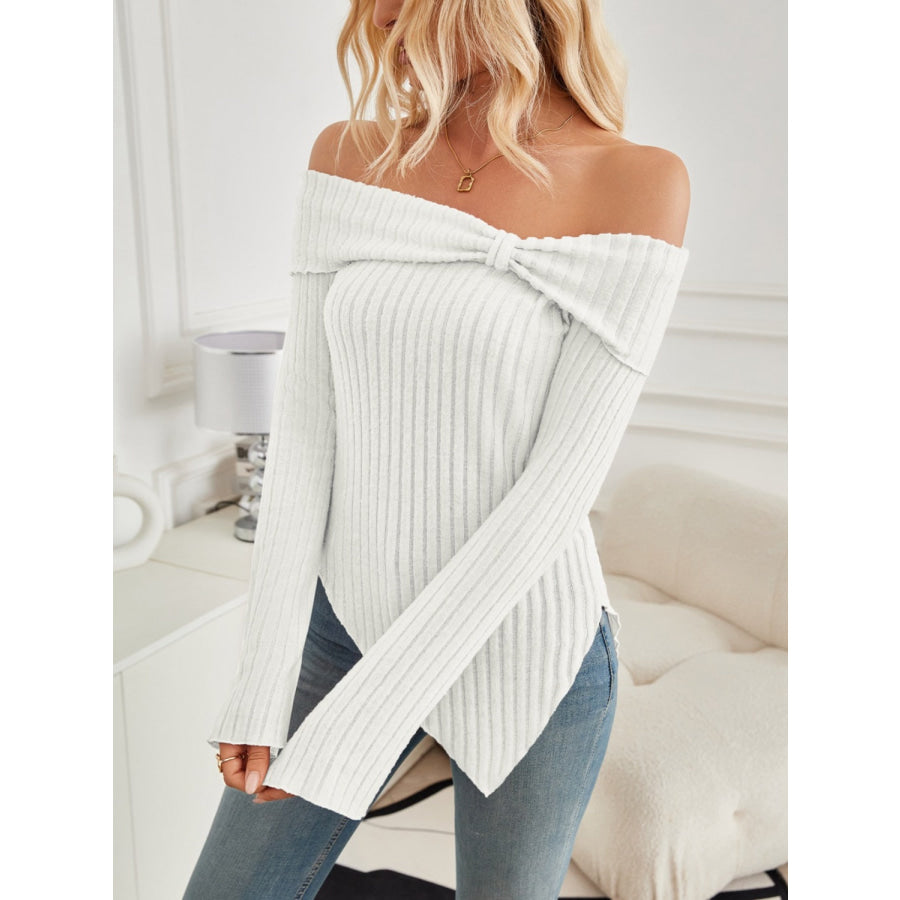 Ribbed Asymmetrical Hem Off-Shoulder Long Sleeve T-Shirt Apparel and Accessories