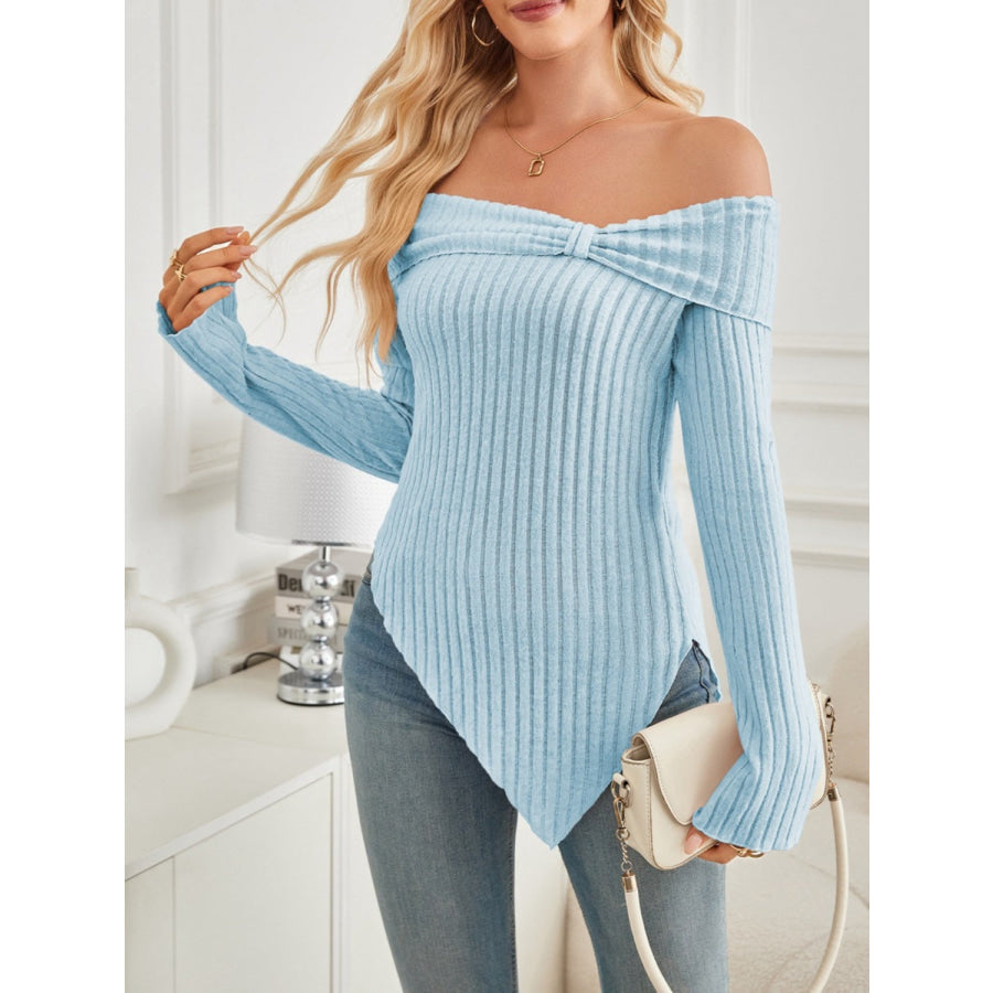 Ribbed Asymmetrical Hem Off-Shoulder Long Sleeve T-Shirt Apparel and Accessories