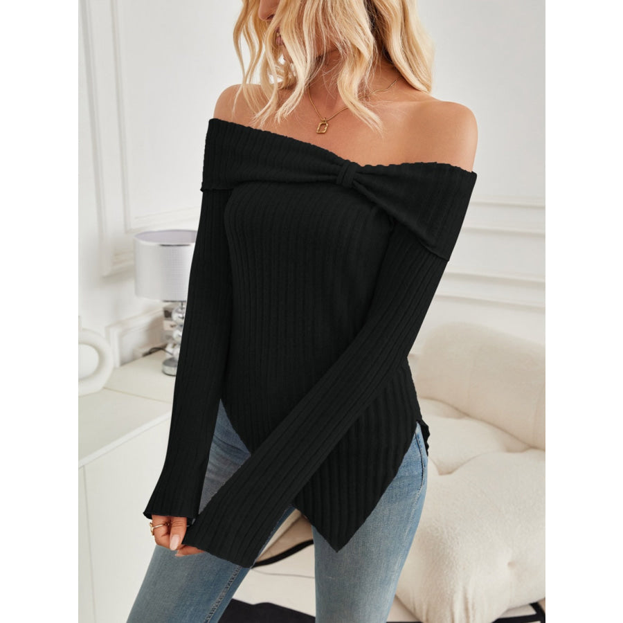 Ribbed Asymmetrical Hem Off-Shoulder Long Sleeve T-Shirt Apparel and Accessories