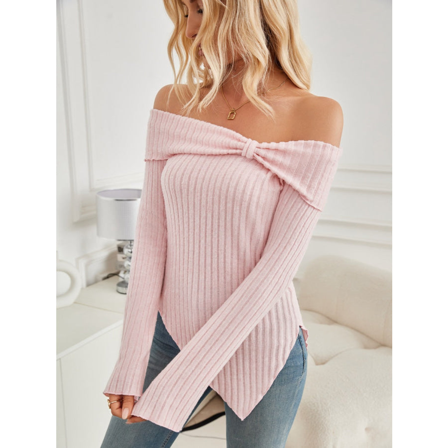 Ribbed Asymmetrical Hem Off-Shoulder Long Sleeve T-Shirt Apparel and Accessories