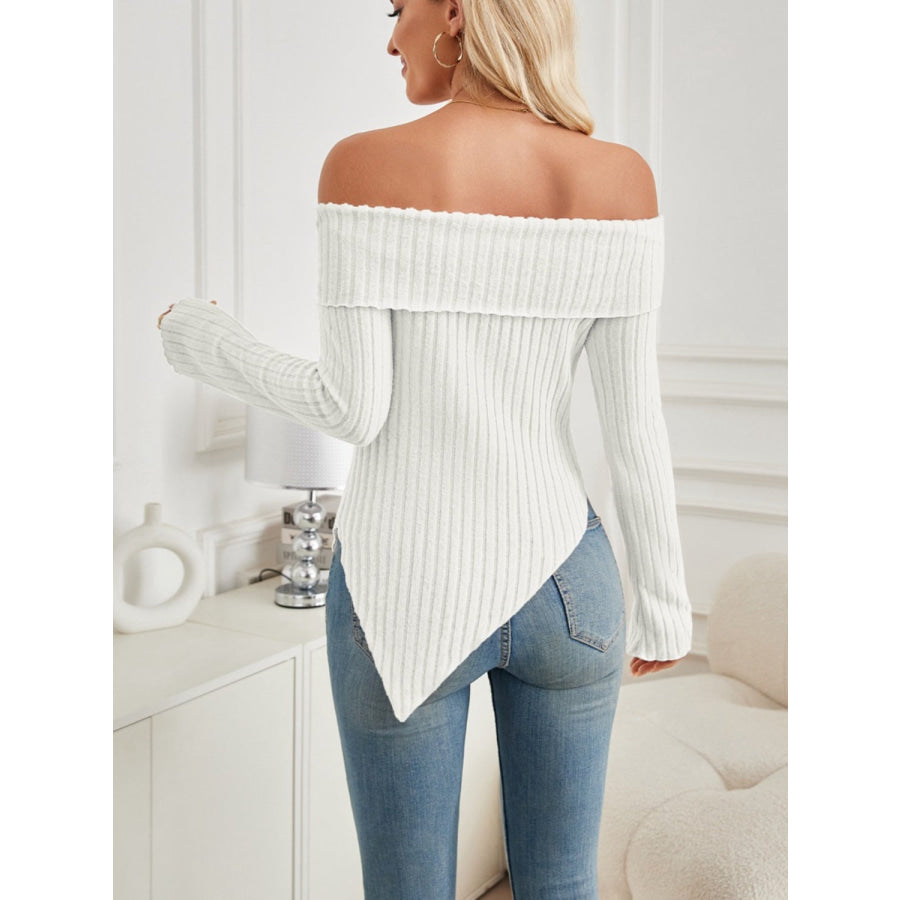 Ribbed Asymmetrical Hem Off-Shoulder Long Sleeve T-Shirt Apparel and Accessories