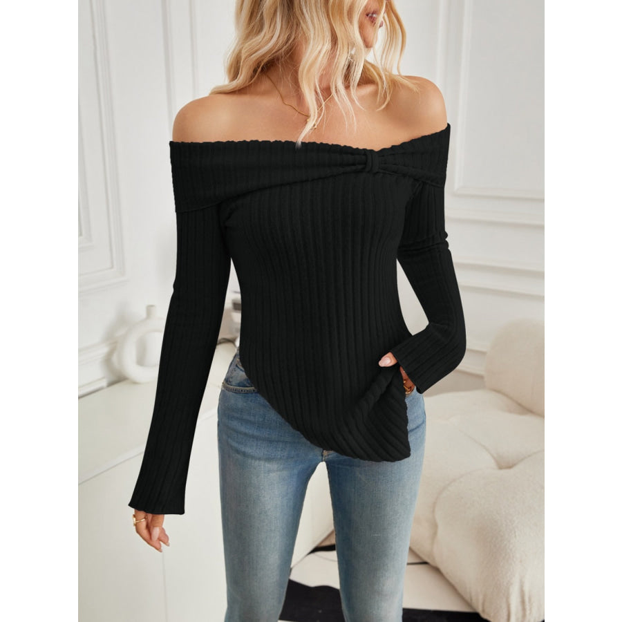 Ribbed Asymmetrical Hem Off-Shoulder Long Sleeve T-Shirt Apparel and Accessories