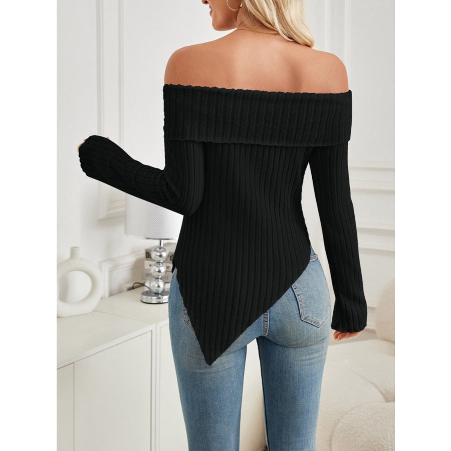 Ribbed Asymmetrical Hem Off-Shoulder Long Sleeve T-Shirt Apparel and Accessories