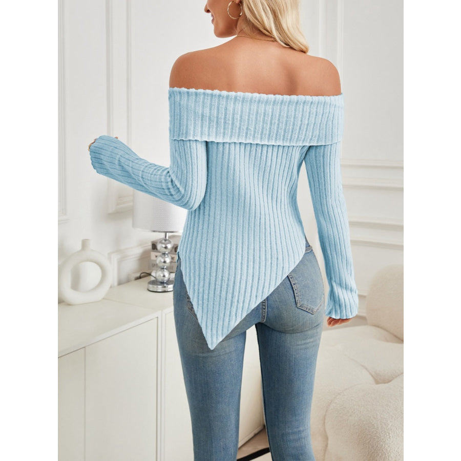 Ribbed Asymmetrical Hem Off-Shoulder Long Sleeve T-Shirt Apparel and Accessories