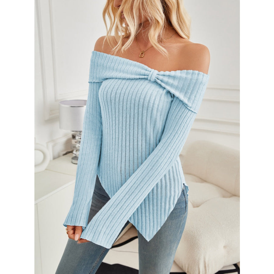 Ribbed Asymmetrical Hem Off-Shoulder Long Sleeve T-Shirt Apparel and Accessories