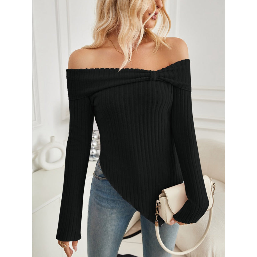 Ribbed Asymmetrical Hem Off-Shoulder Long Sleeve T-Shirt Black / S Apparel and Accessories