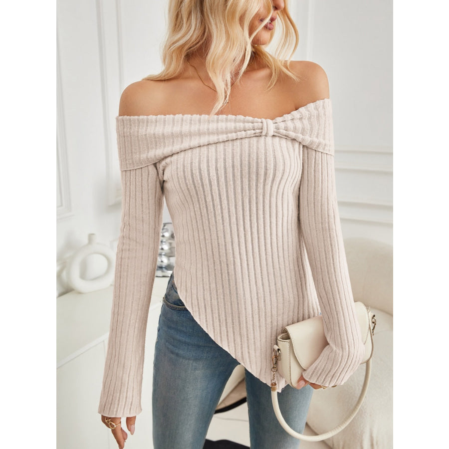 Ribbed Asymmetrical Hem Off-Shoulder Long Sleeve T-Shirt Dust Storm / S Apparel and Accessories