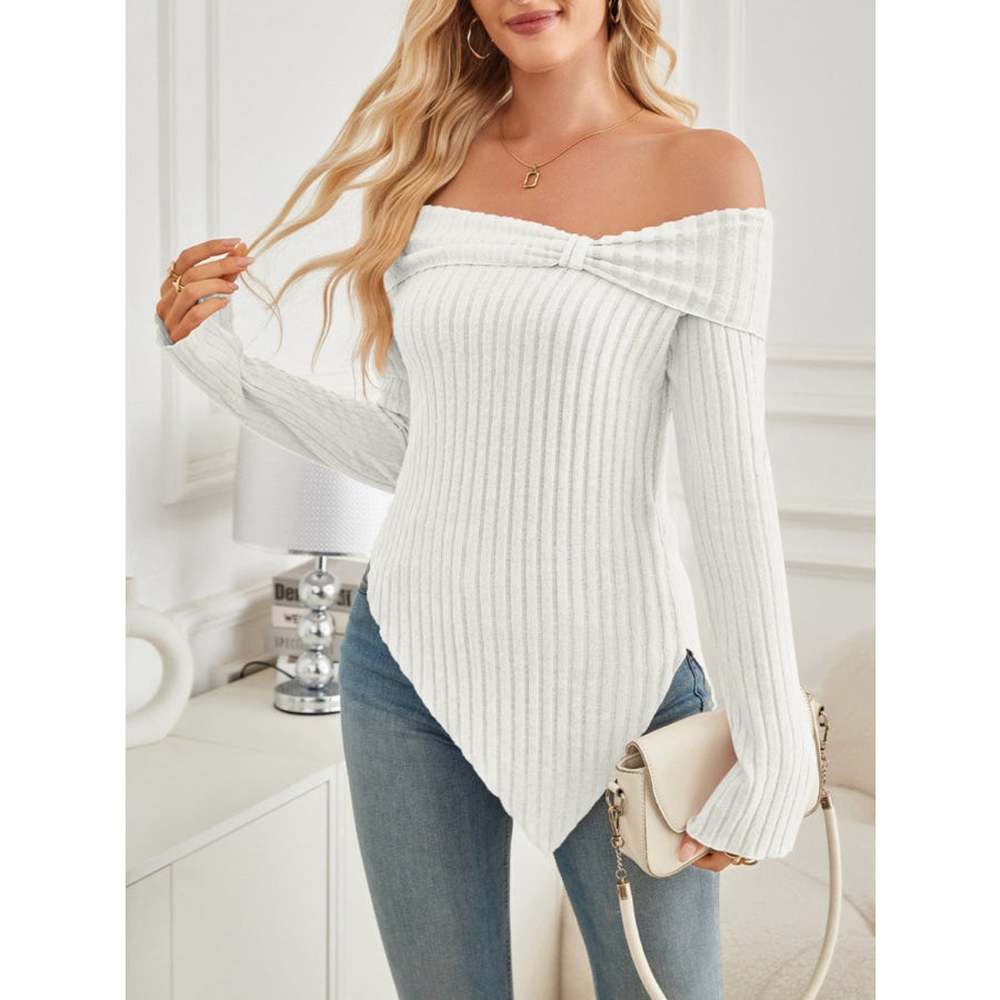 Ribbed Asymmetrical Hem Off-Shoulder Long Sleeve T-Shirt White / S Apparel and Accessories