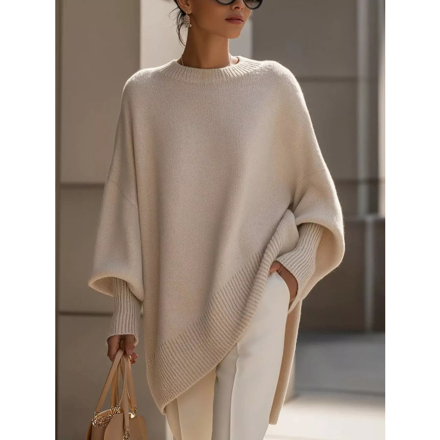 Ribbed Batwing Sleeve Oversized Sweater Beige / XS Apparel and Accessories