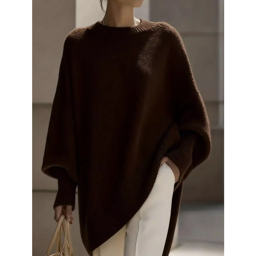 Ribbed Batwing Sleeve Oversized Sweater Dark Brown / XS Apparel and Accessories