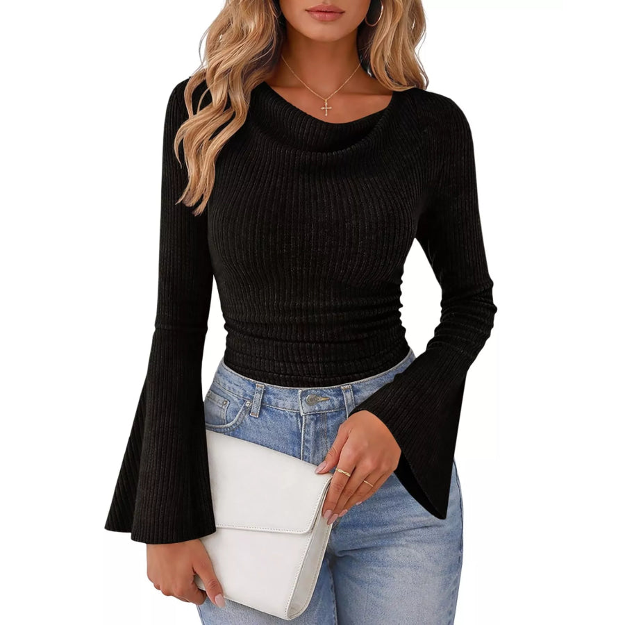 Ribbed Bell Sleeve T-Shirt Black / S Apparel and Accessories