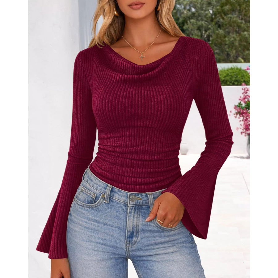 Ribbed Bell Sleeve T-Shirt Burgundy / S Apparel and Accessories