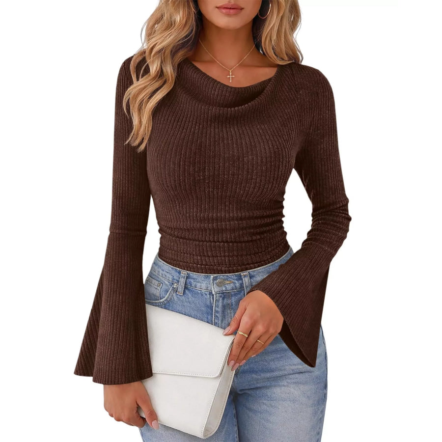 Ribbed Bell Sleeve T-Shirt Dark Brown / S Apparel and Accessories