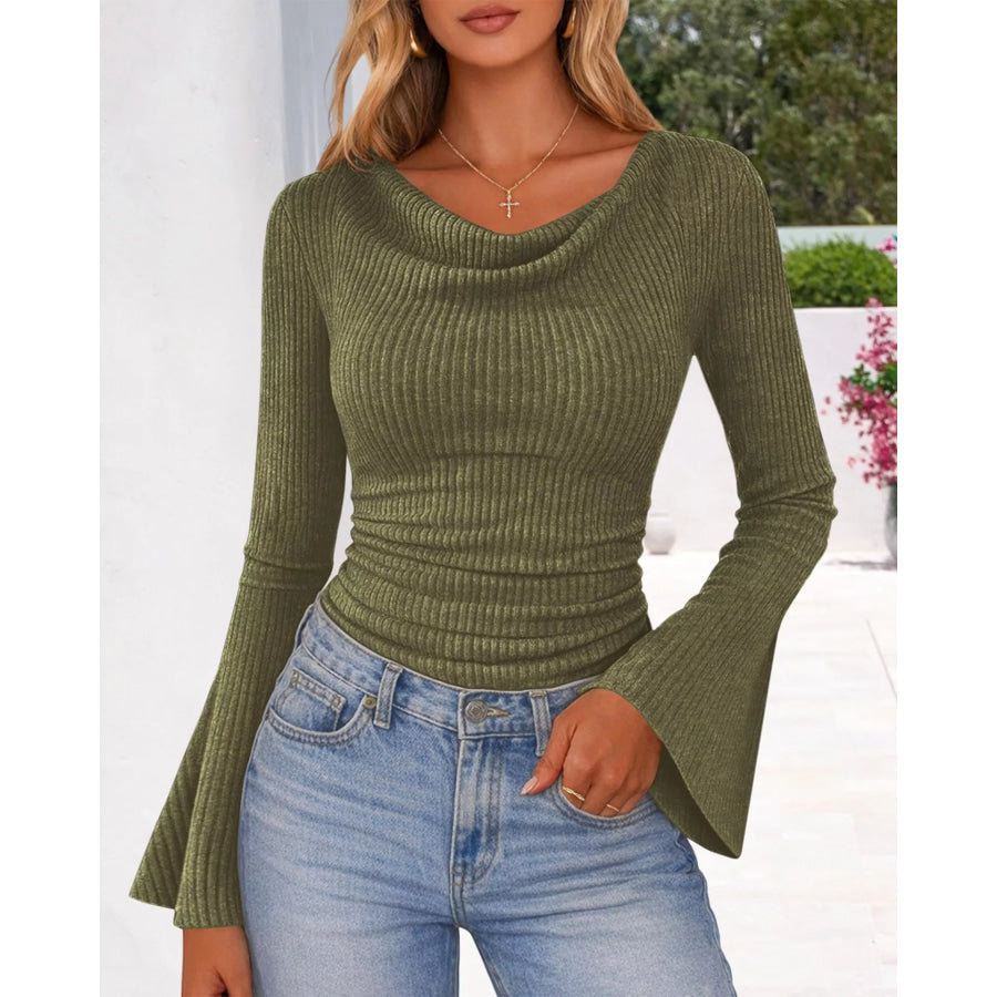 Ribbed Bell Sleeve T-Shirt Moss / S Apparel and Accessories