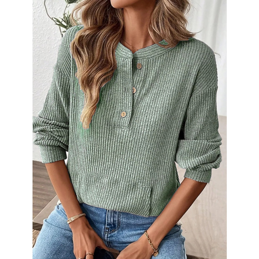 Ribbed Button Detail Long Sleeve T-Shirt Apparel and Accessories
