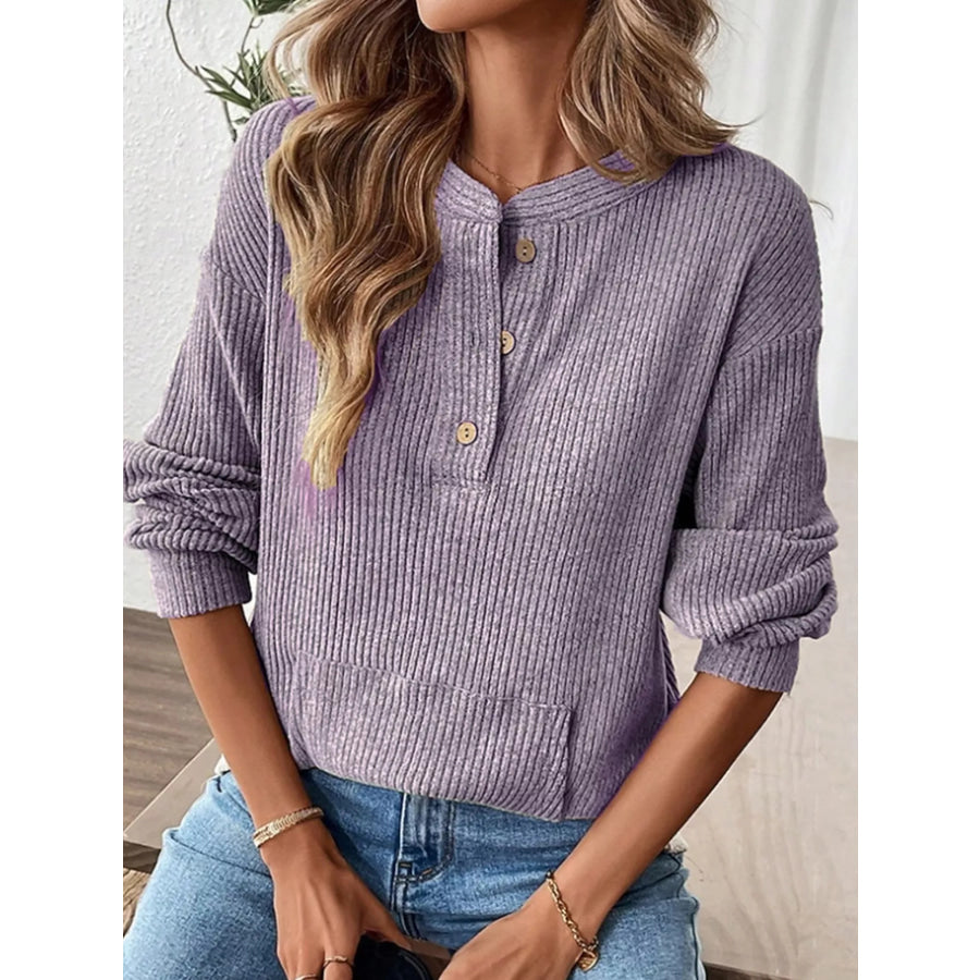 Ribbed Button Detail Long Sleeve T-Shirt Apparel and Accessories