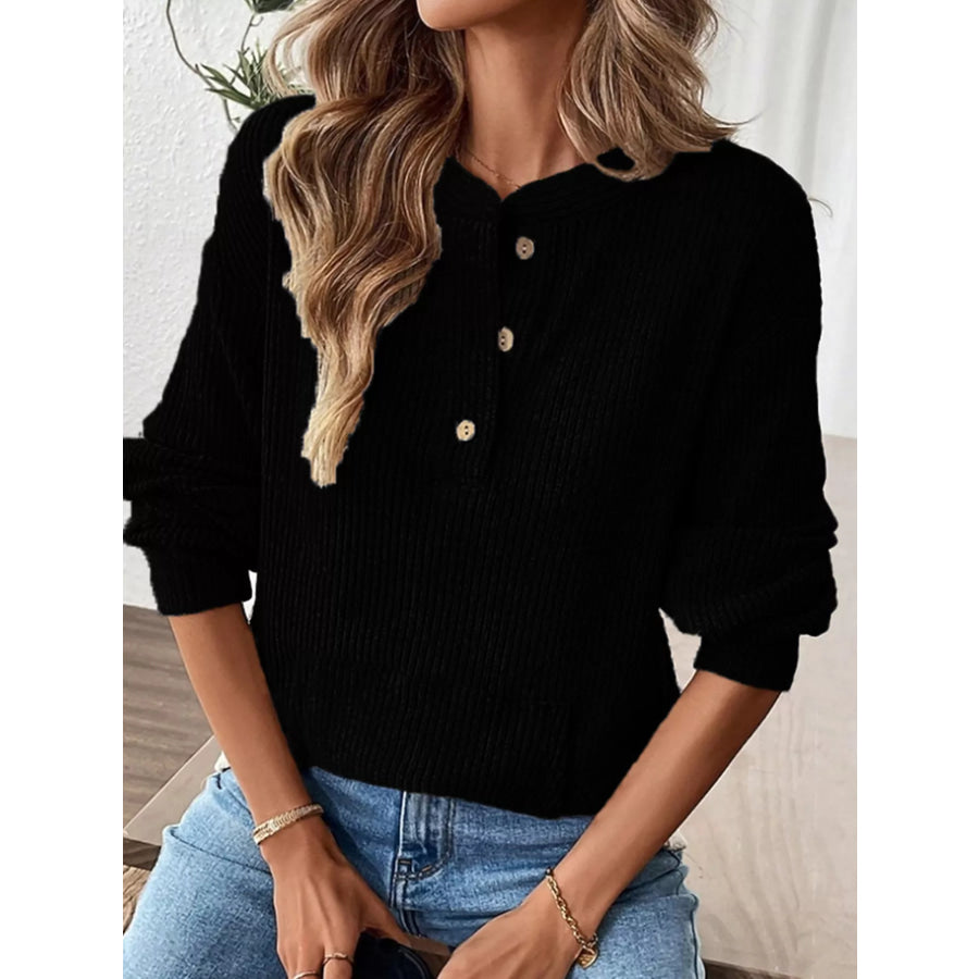 Ribbed Button Detail Long Sleeve T-Shirt Apparel and Accessories