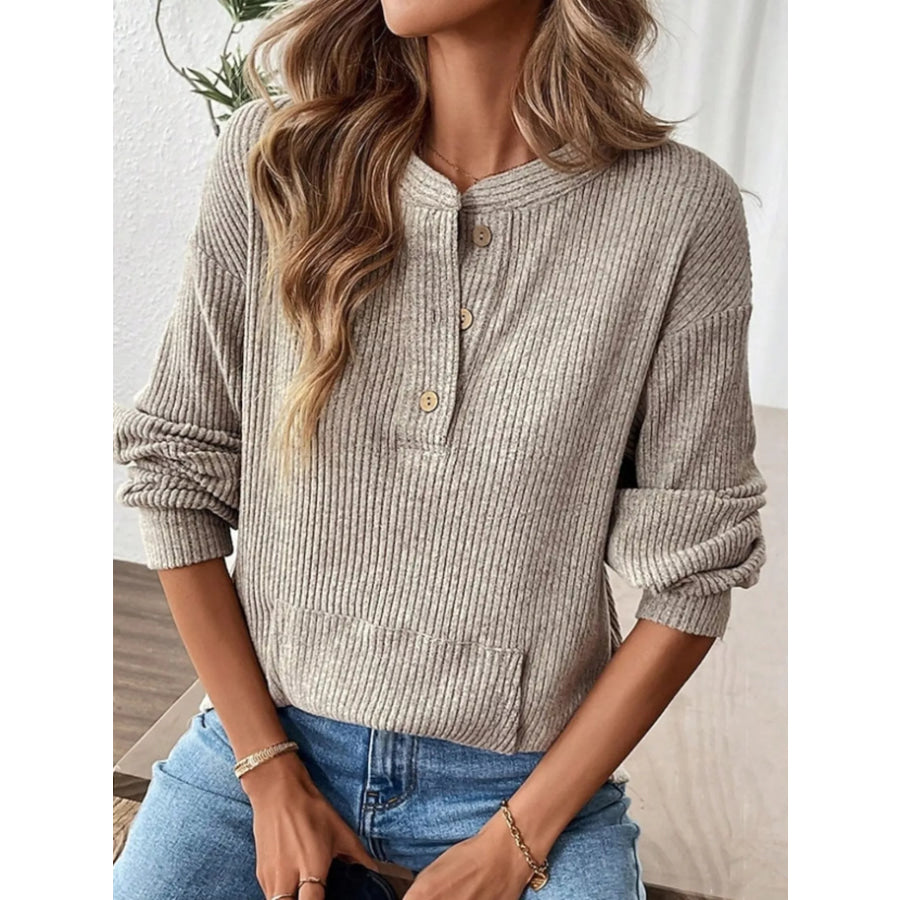 Ribbed Button Detail Long Sleeve T-Shirt Apparel and Accessories