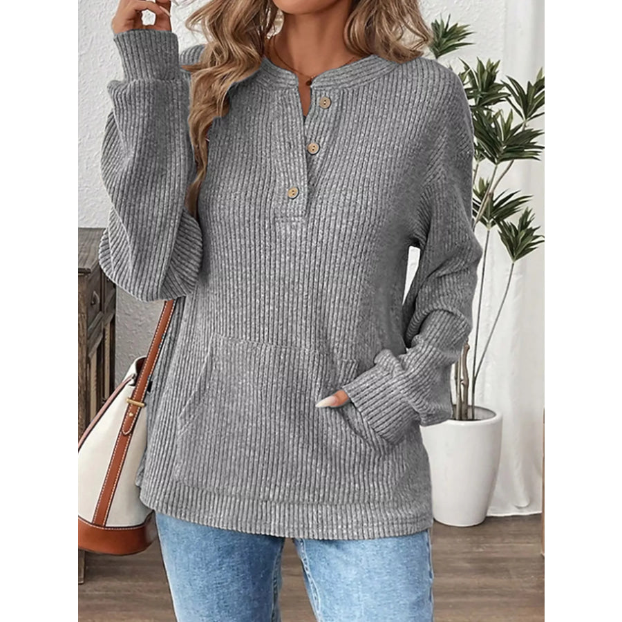 Ribbed Button Detail Long Sleeve T-Shirt Apparel and Accessories