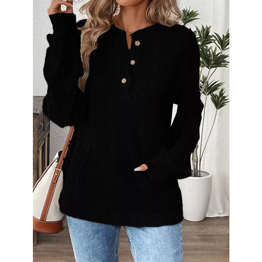 Ribbed Button Detail Long Sleeve T-Shirt Black / S Apparel and Accessories