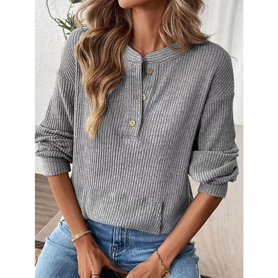 Ribbed Button Detail Long Sleeve T-Shirt Gray / S Apparel and Accessories