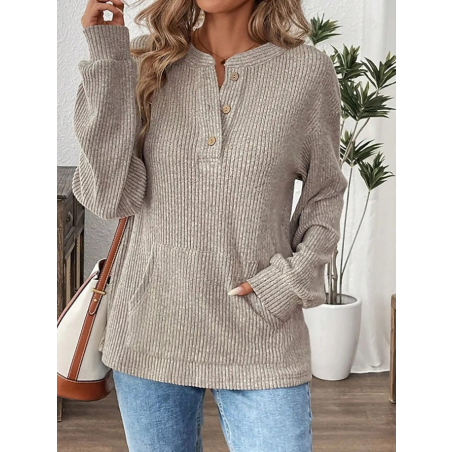 Ribbed Button Detail Long Sleeve T-Shirt Khaki / S Apparel and Accessories