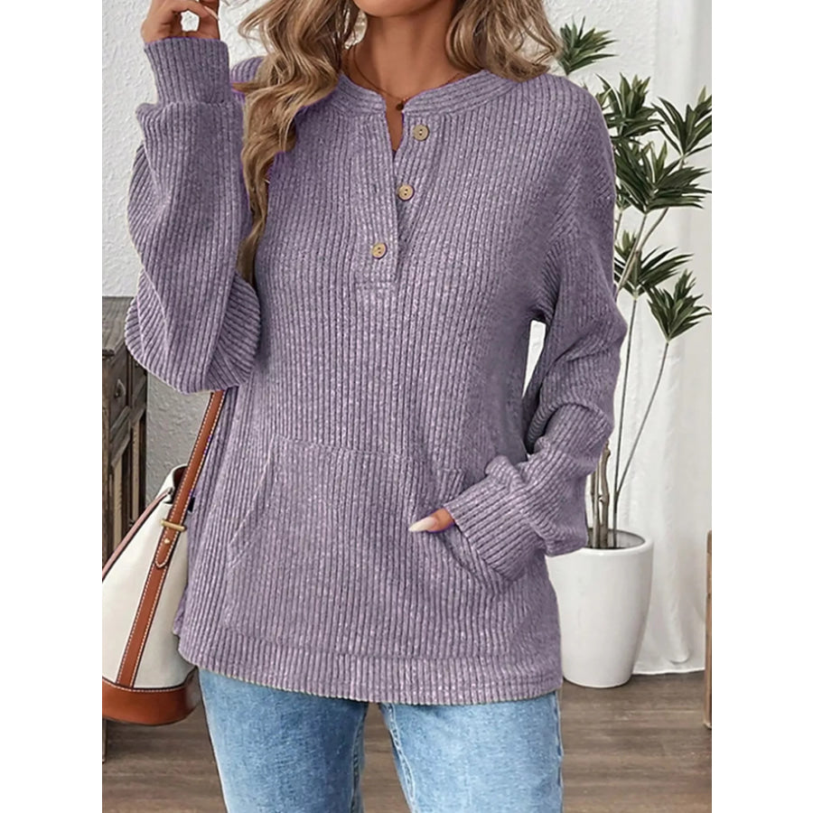 Ribbed Button Detail Long Sleeve T-Shirt Lavender / S Apparel and Accessories