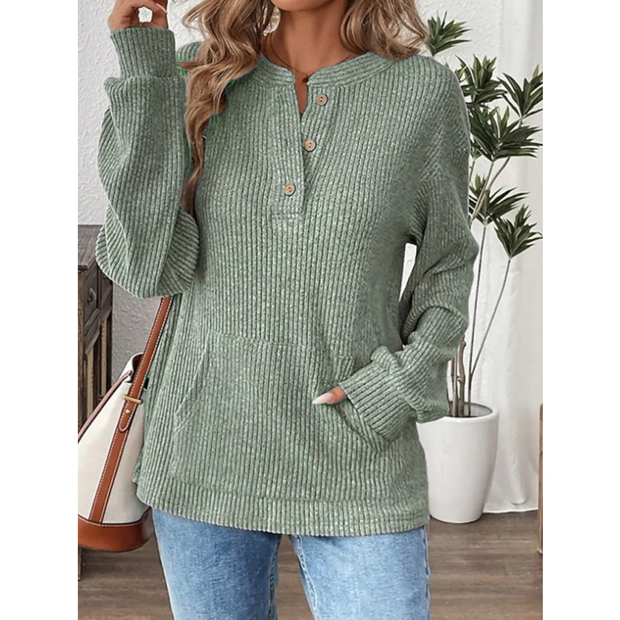 Ribbed Button Detail Long Sleeve T-Shirt Light Green / S Apparel and Accessories