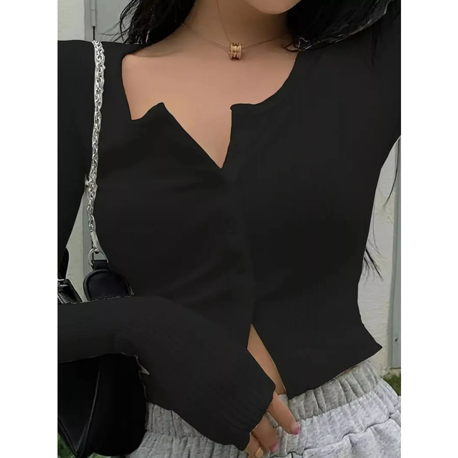 Ribbed Button-Down Long Sleeve T-Shirt Black / S Apparel and Accessories