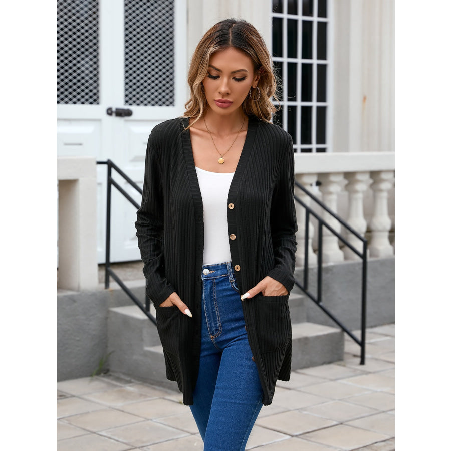 Ribbed Button Down V-Neck Long Sleeve Cardigan Apparel and Accessories