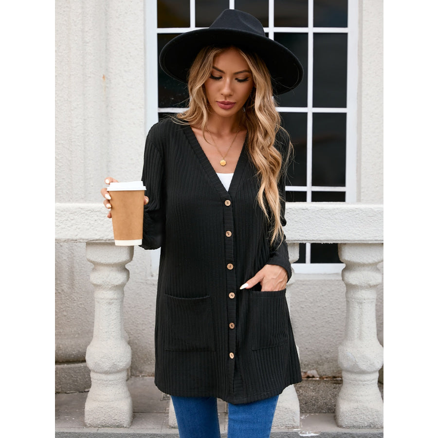 Ribbed Button Down V-Neck Long Sleeve Cardigan Black / S Apparel and Accessories