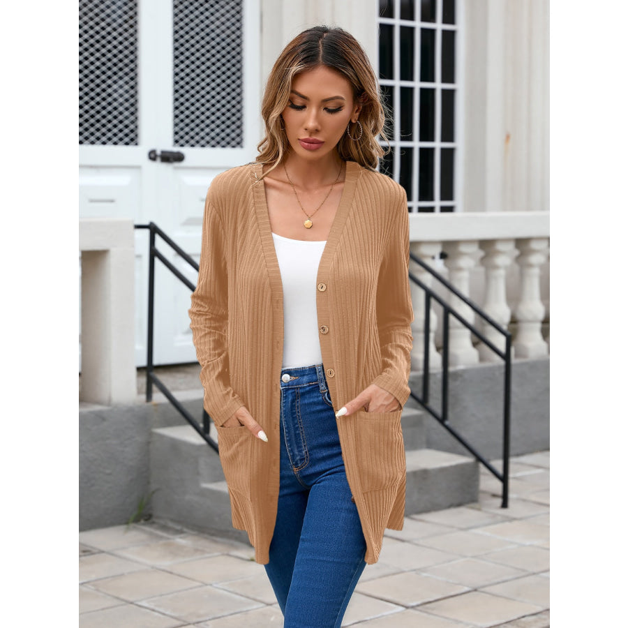 Ribbed Button Down V-Neck Long Sleeve Cardigan Camel / L Apparel and Accessories