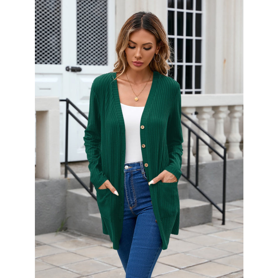 Ribbed Button Down V-Neck Long Sleeve Cardigan Dark Green / M Apparel and Accessories