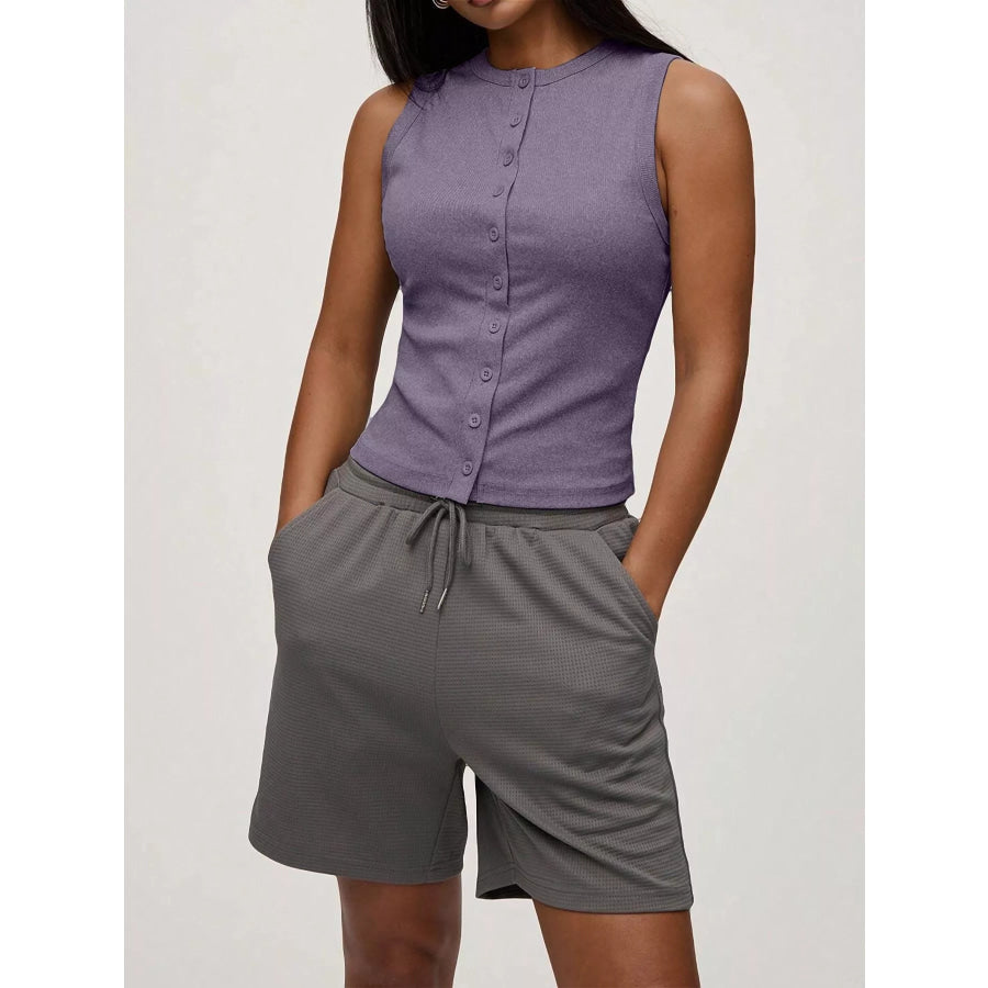Ribbed Button-Front Sleeveless Tank Dark Purple / S Apparel and Accessories